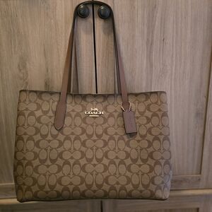 Coach Signature Canvas Laptop Style Tote in Brown with Leather Trim